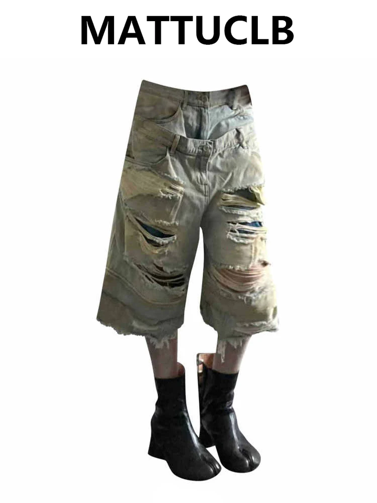 

Новые летние женские джинсовые юбки-брюки свободного кроя в стиле гоблин-кор, длиной до середины икры, с дырками, в стиле бадди, киберпанк, абай, Y2K, хай-стрит, ковбойский стиль