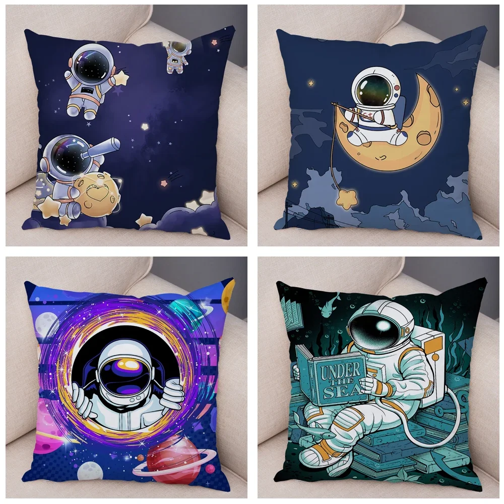 Cartoon Astronauts Cushion Cover Soft Plsuh Decor Cosmic Sky Pillowcase for Sofa Home Car Double Print Pillow Case Children Room