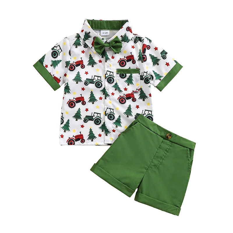 Рождественский наряд для маленьких мальчиков, рубашка на пуговицах с короткими рукавами и тракторной елкой, однотонные шорты с эластичной резинкой на талии, комплект из 2 предметов
