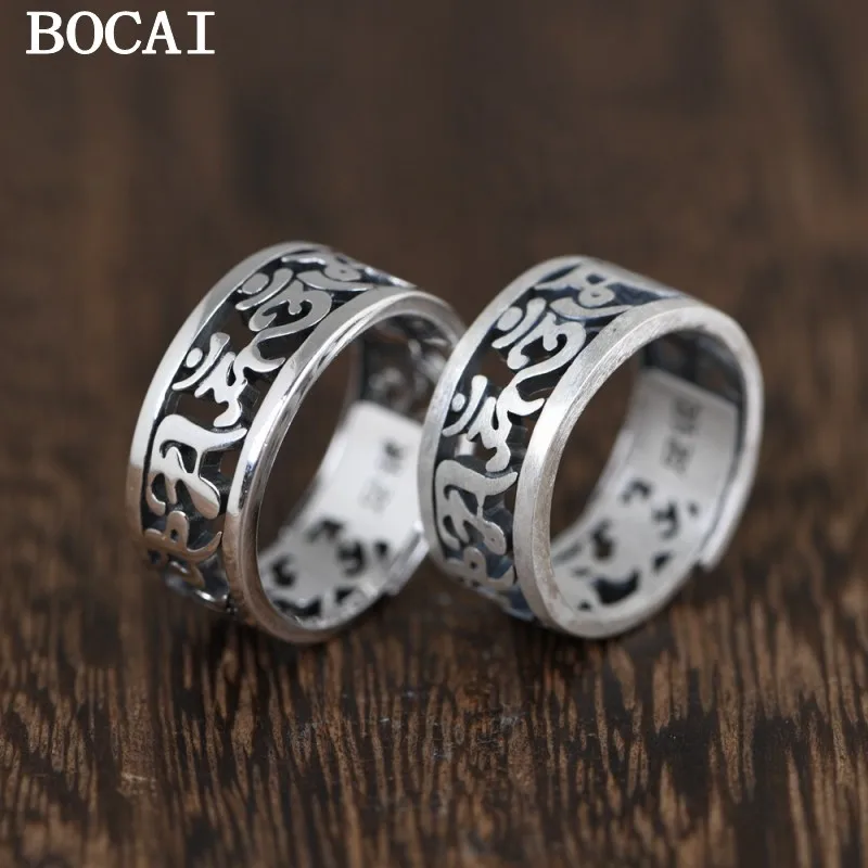

BOCAI S990 Серебряные ювелирные изделия в стиле ретро, матовые буддийские шестизначные мантры, модные полые мужские и женские кольца, подарок на удачу