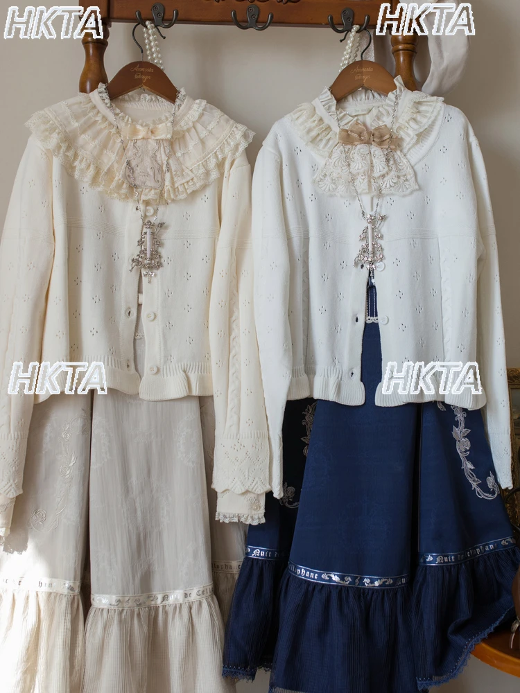 빈티지 빅 크루넥 로리타 니트 가디건 여성 로리타 스웨터 가을 달콤한 플리츠 긴 소매 루즈 블랙 스웨터 탑