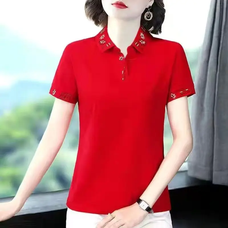 White Tops Polo Neck Shirts for Women T-shirt Woman Pink Short Sleeve Tee Plain Clothing New Synthetic Y2k Fashion Summer 2024 V