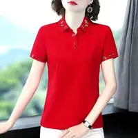 White Tops Polo Neck Shirts for Women T-shirt Woman Pink Short Sleeve Tee Plain Clothing New Synthetic Y2k Fashion Summer 2025 V - Image 4