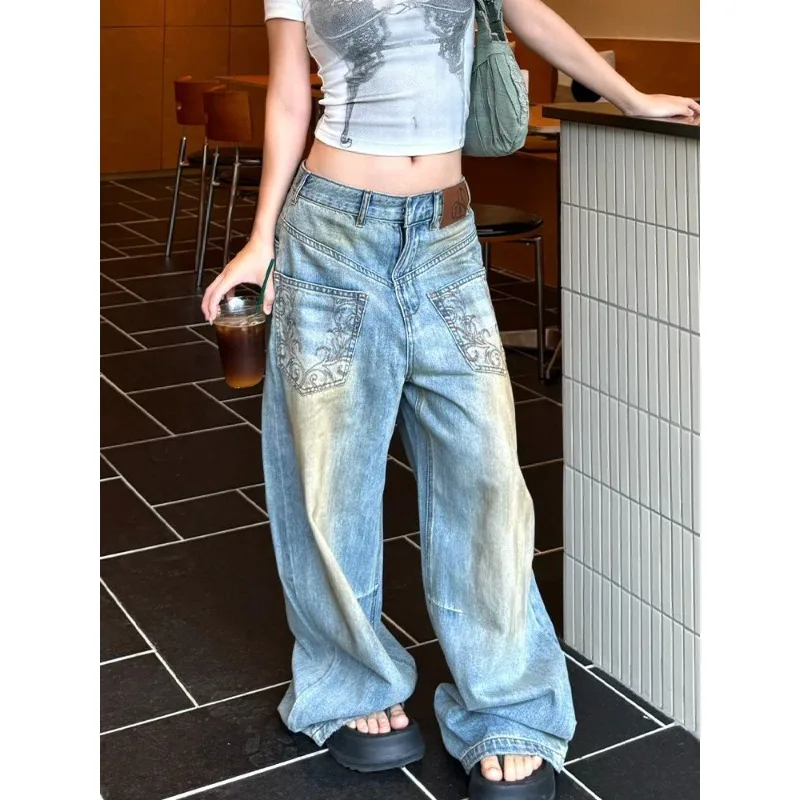 アメリカンファッション ハイストリートデザイン パーソナライズ刺繍ジーンズ レディース サマーヴィンテージ フロア丈パンツ トレンド