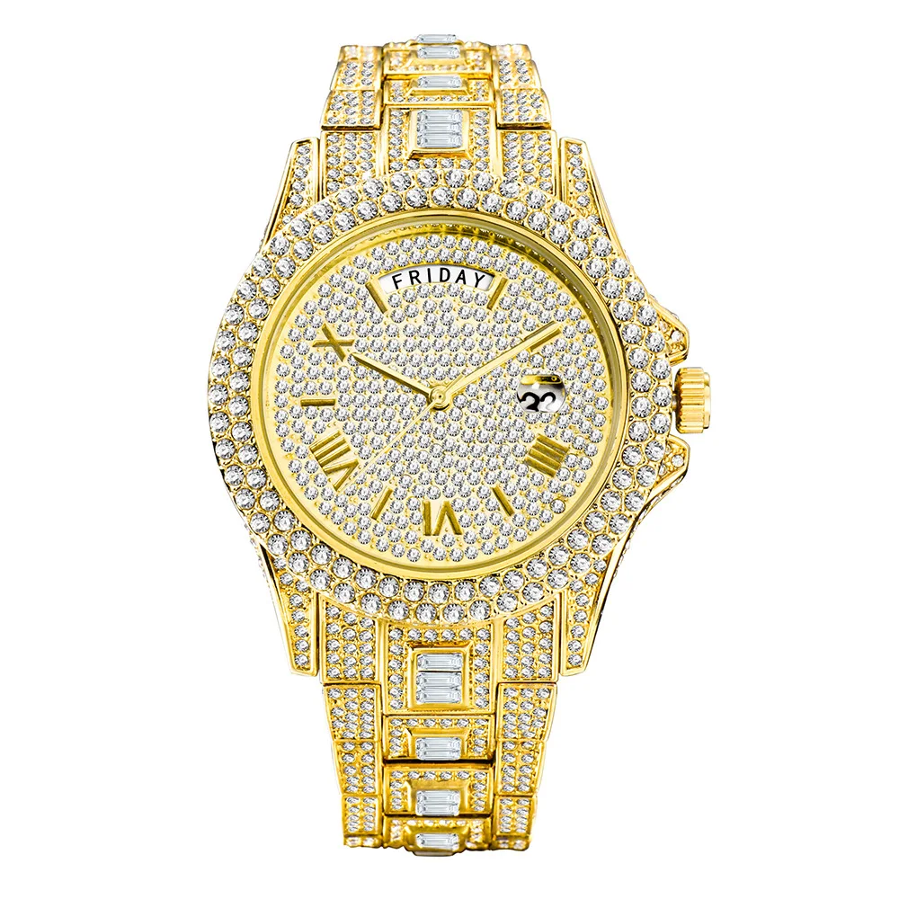 Hip Hop Bling Iced Out Stainless Steel Week Watch Date Quartz Wrist Waterproof Watches  for Men Rapper Jewelry