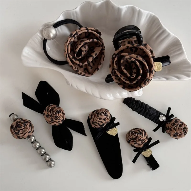 

Rotre Leopard Print Rose Bow Hair Clips for Women Girls Rose Flower Hair Band Duckbill Clip Hairpins Fashion Hair Accessories