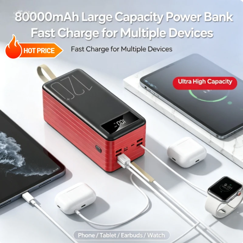 80000mAh Portable 120W Fast Charging Power Bank Digital Display Portable Charger for IPhone Huawei Xiaomi Samsung Power Bank
