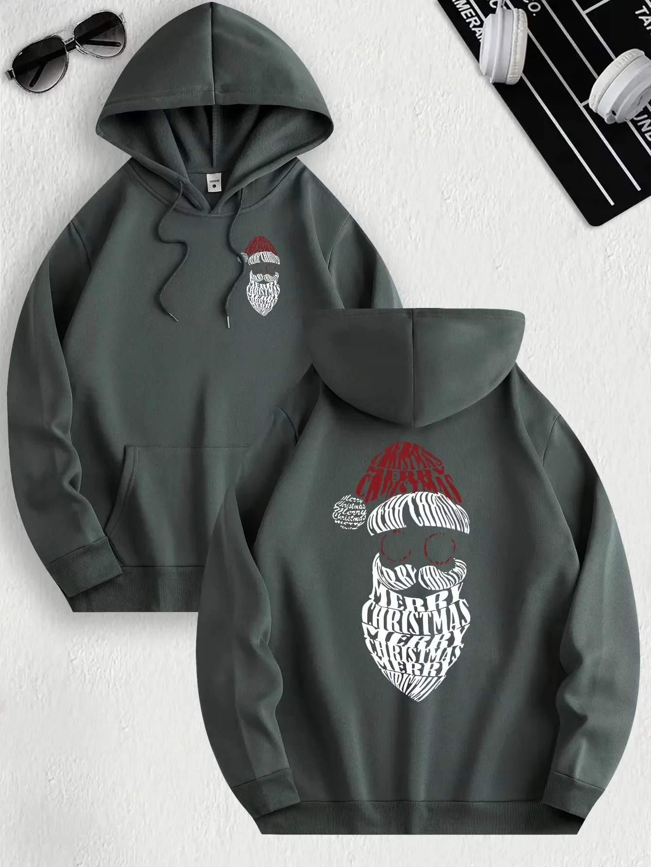 New autumn and winter men's and women's hooded sweatshirt with pockets, double-sided Santa Claus pattern print, soft fabric