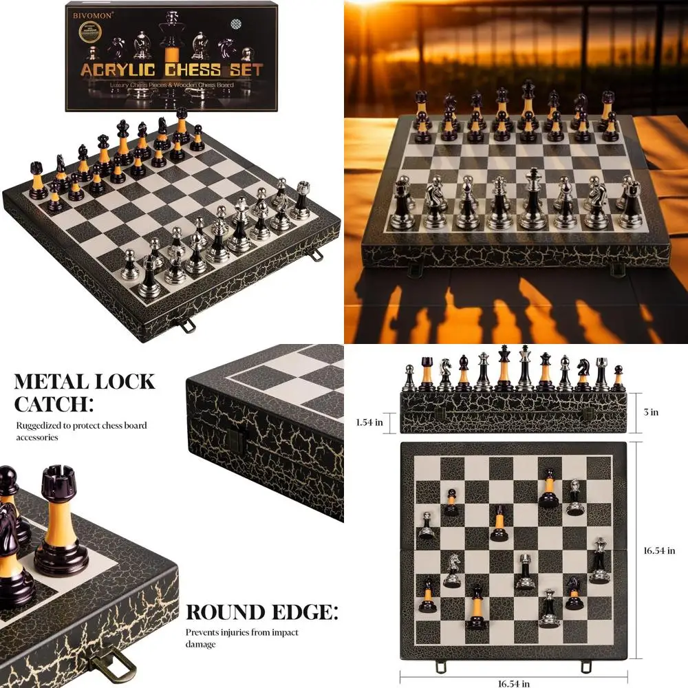 

16 Foldable Wooden Chessboard with 3.5 Acrylic Pieces, Storage for Adults & Kids Luxury Gift