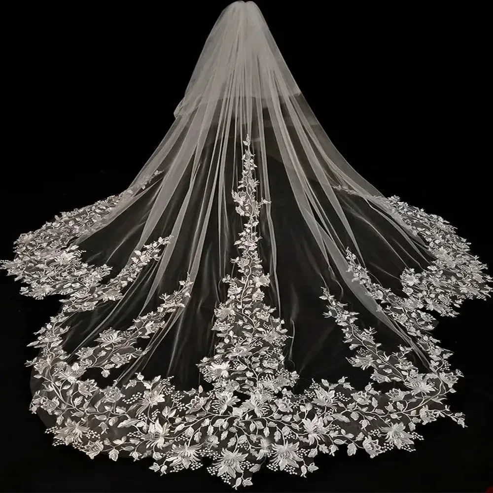 Customized Elegant Floral Lace Cathedral Wedding Veil | Two Tier Ivory Long Bridal Veil