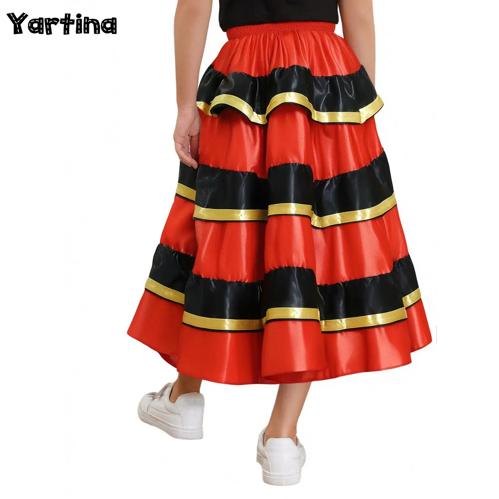 

Girls Mexican Spanish Flamenco Ballroom Bull Dance Performance Costume Folk Belly Bull Dance Skirt Long Swing Tiered Skirt