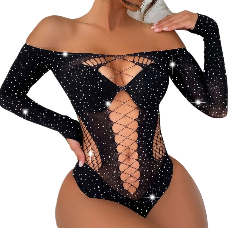 

Эротическое блестящее боди из сетки со стразами, с открытыми плечами, длинными рукавами, перекрестными вырезами, ажурное, для клуба и ночного отдыха