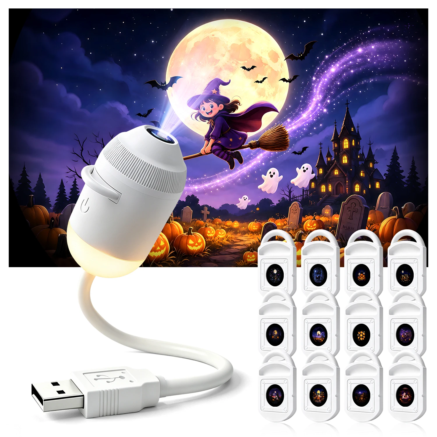 2-in-1 Sternenhimmel-Projektor-Nachtlicht, 12 exklusive gruselige Folien, einstellbare USB-Ambiente-Lampe für Kinder und Halloween-Party-Dekoration
