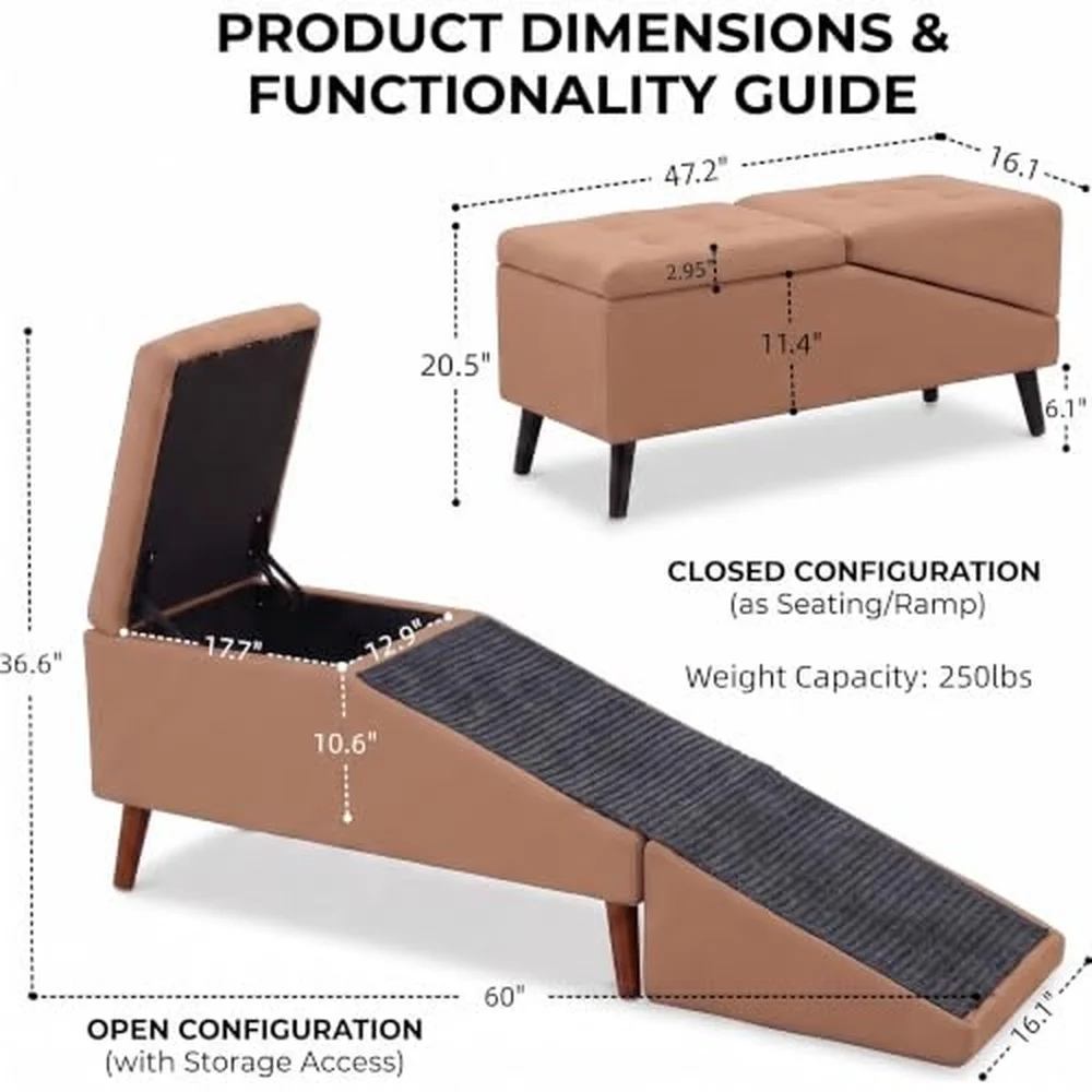 2 in 1 Dog Ramp & Ottoman Foldable Dog Steps for Couch and Bed with Hidden Storage 20.4