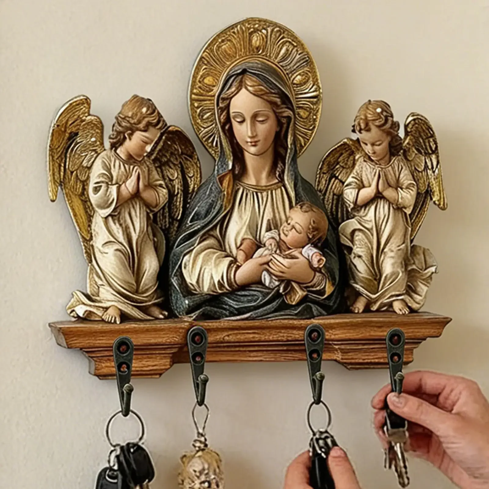 Key Holder Wall Mount Wood Religious Space Saving Hanger with 4 Key Hooks Hanger Wall Mount for Family Students Adults Men Women