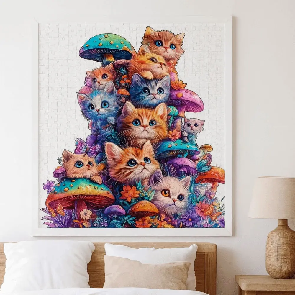 Tiermuster-Katzenpuzzle, niedlicher Pilz, Gehirnbrennung, Holzpuzzle für Erwachsene, unregelmäßige Form, herausforderndes Katzen-Holzpuzzle