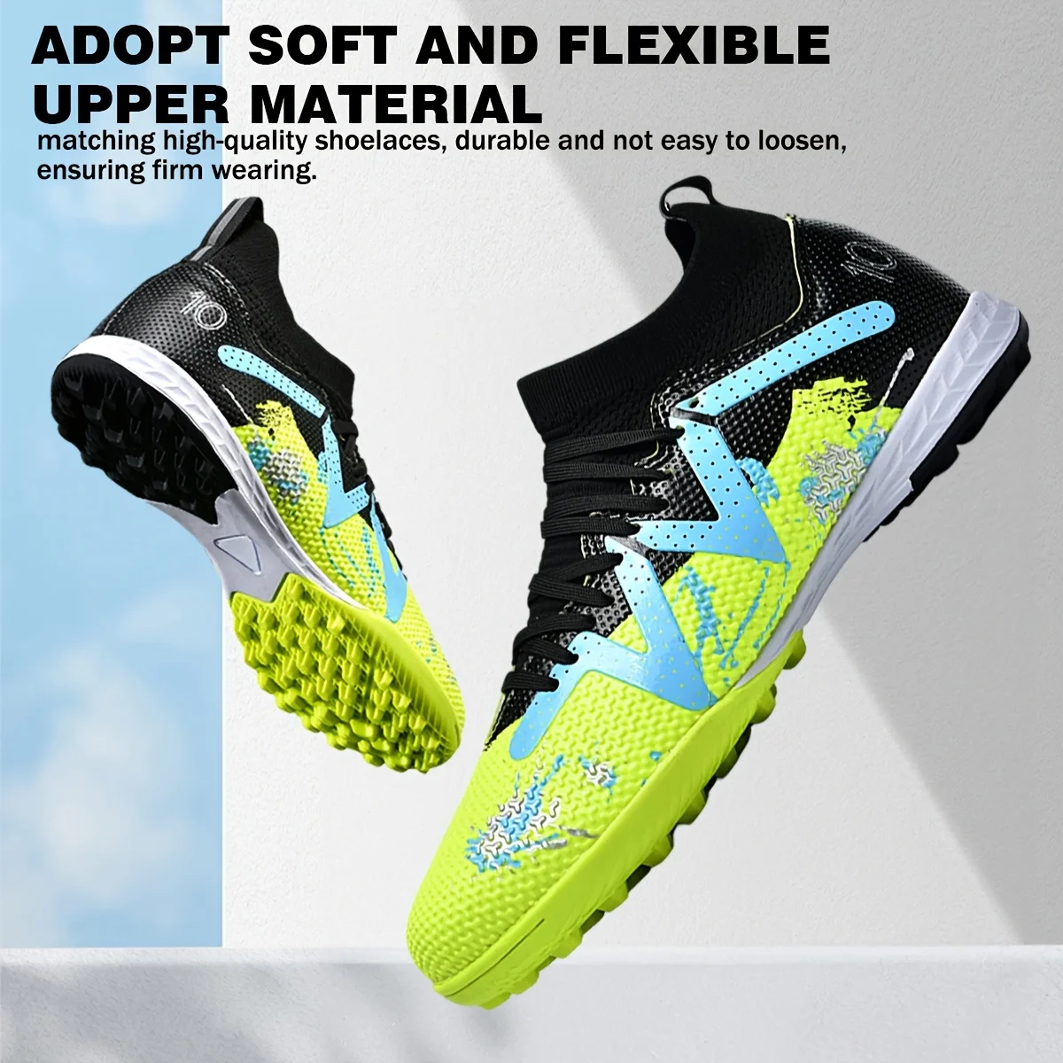 Mens TF Turf Football Shoes, Shock Absorption Rubber Cleats, Breathable PU Sneakers for Grass Field Workout