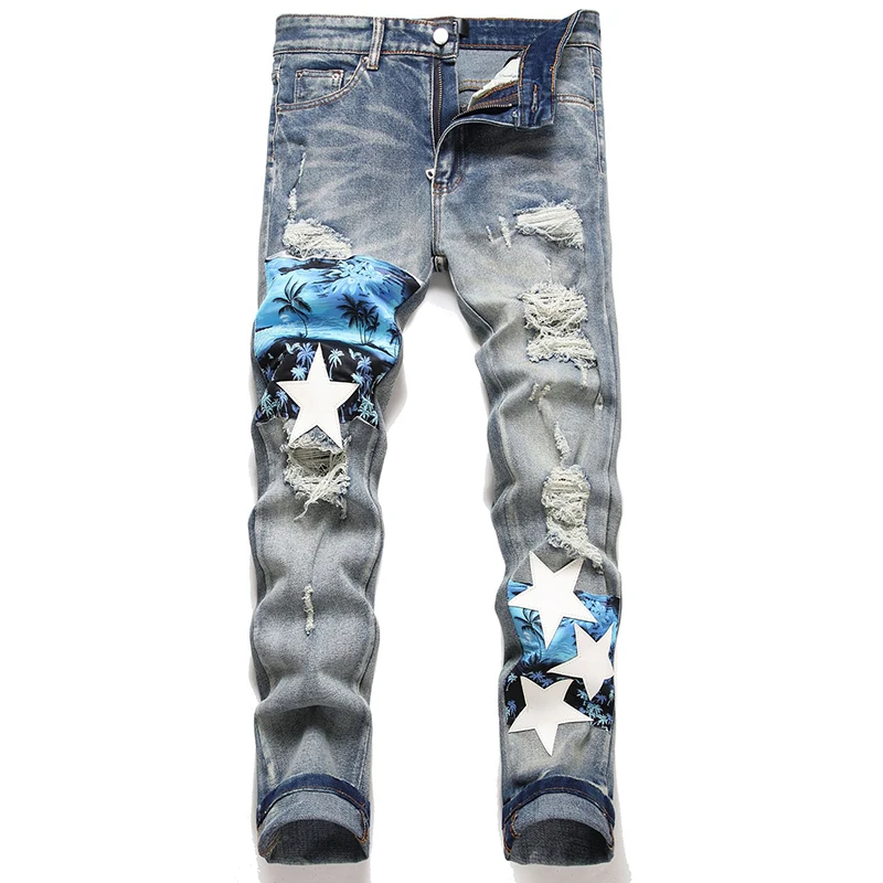 Jeans punk retalhos com furos para homens, calças jeans, calças de algodão slim fit, hip hop, moda de rua, outono, 2023