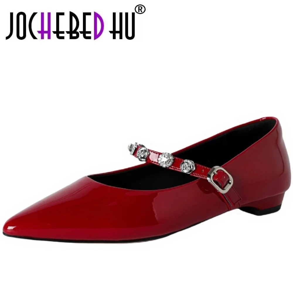 

【JOCHEBED HU】Women's Handmade Genuine leather metal buckle pointed toe slip-on Mary Jane rivet decoration elegant ladies 34-40