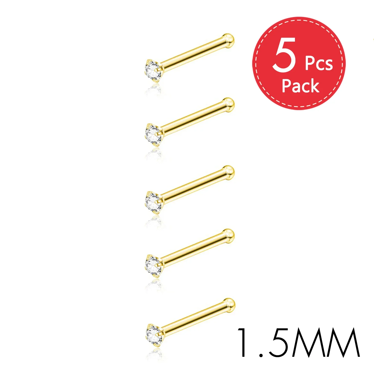 CZ Gem Stainless Steel Nose Piercing Studs, 5Pcs Set