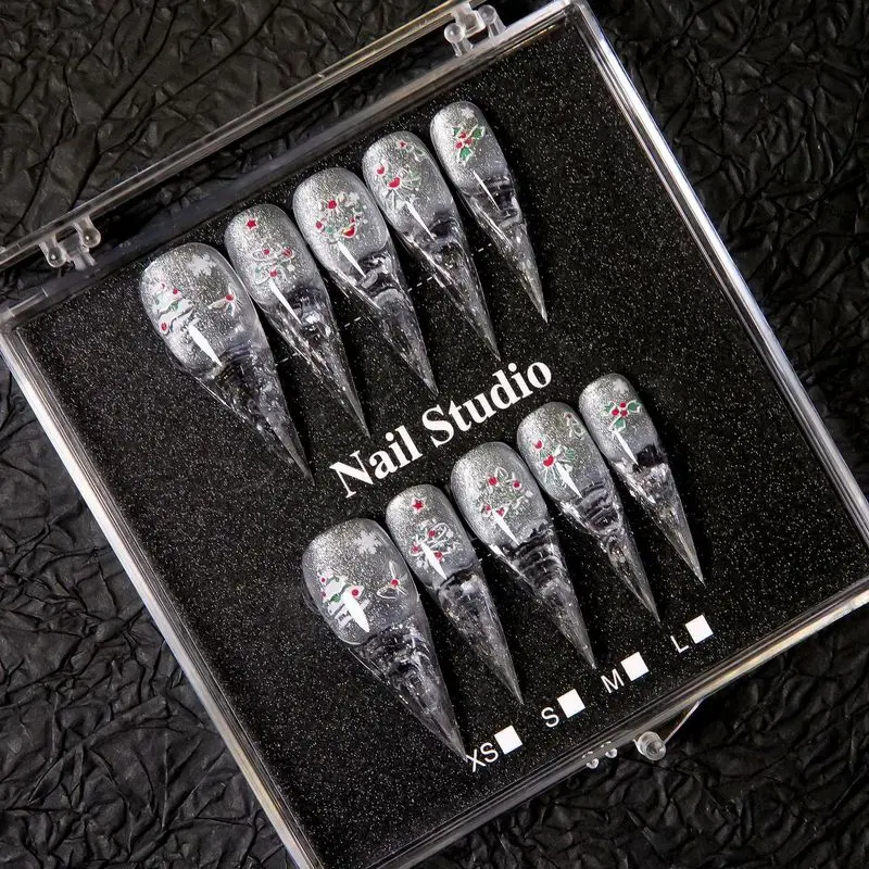 Handmade Silver Glitter Stiletto Press On Nails Christmas Tree Snowflake Fake Nail Tips Reusable Long Pointed False Nails For Ho
