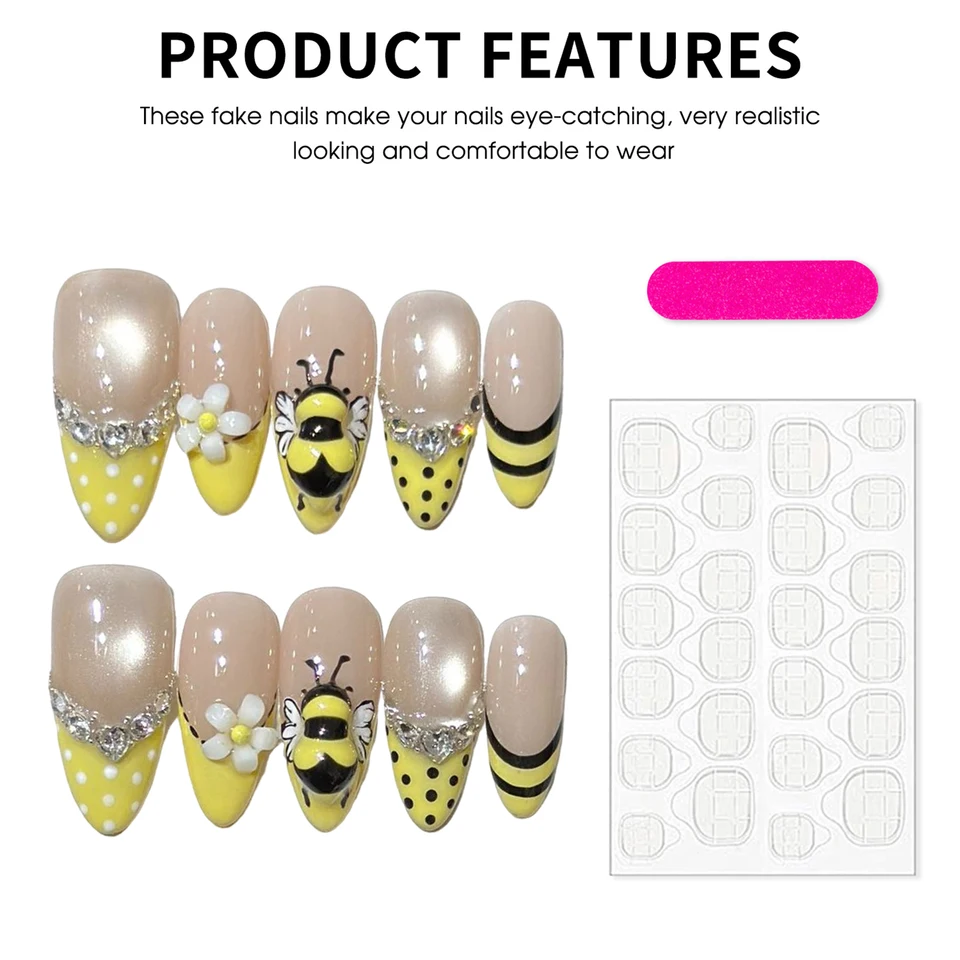 10 piezas de uñas postizas lindas con abejas amarillas, efecto ojo de gato, lunares, estilo francés, con flores de pedrería, hechas a mano 6