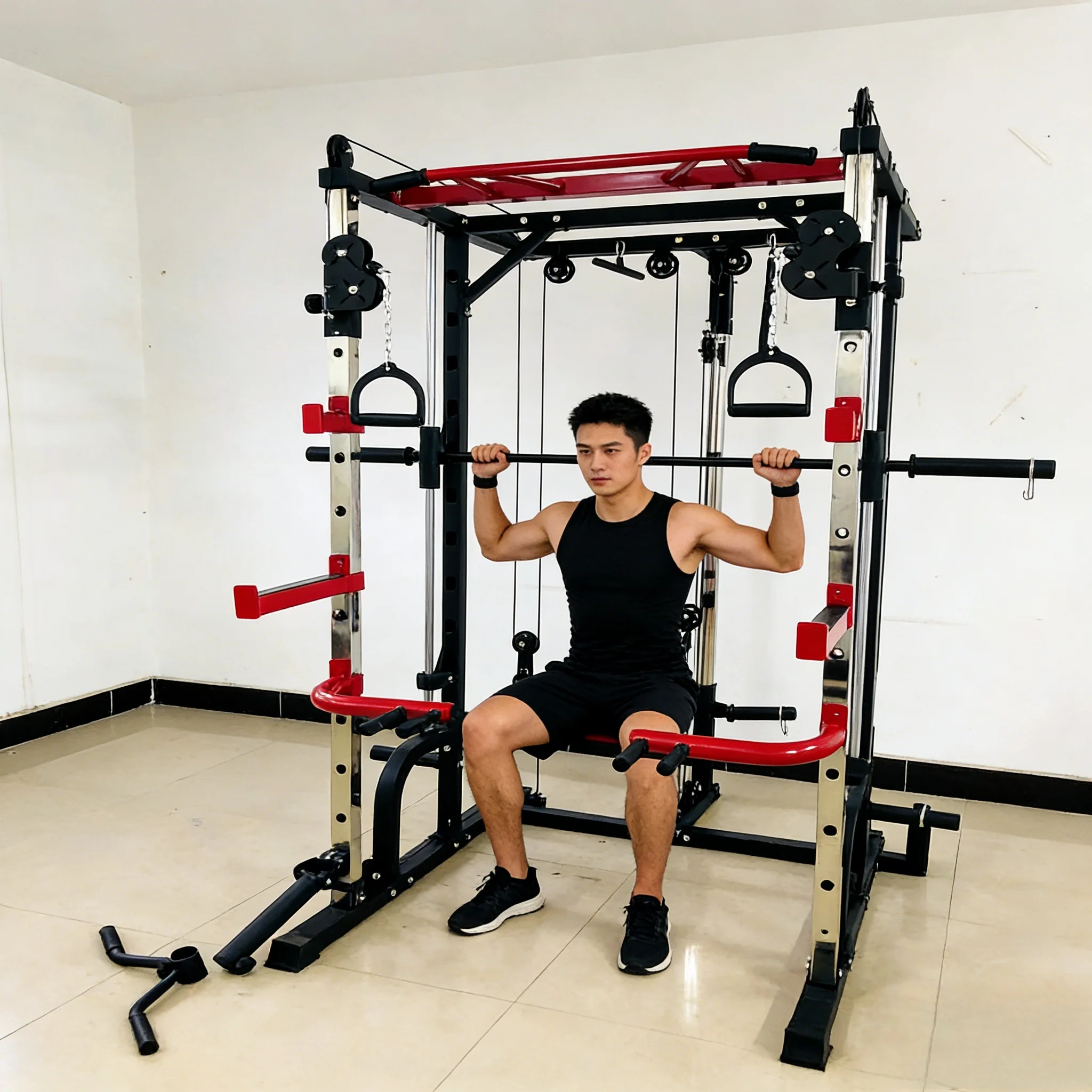 Commercial All in One Functional Trainer Smith Machine Power Rack Cable Crossover Gym Equipment