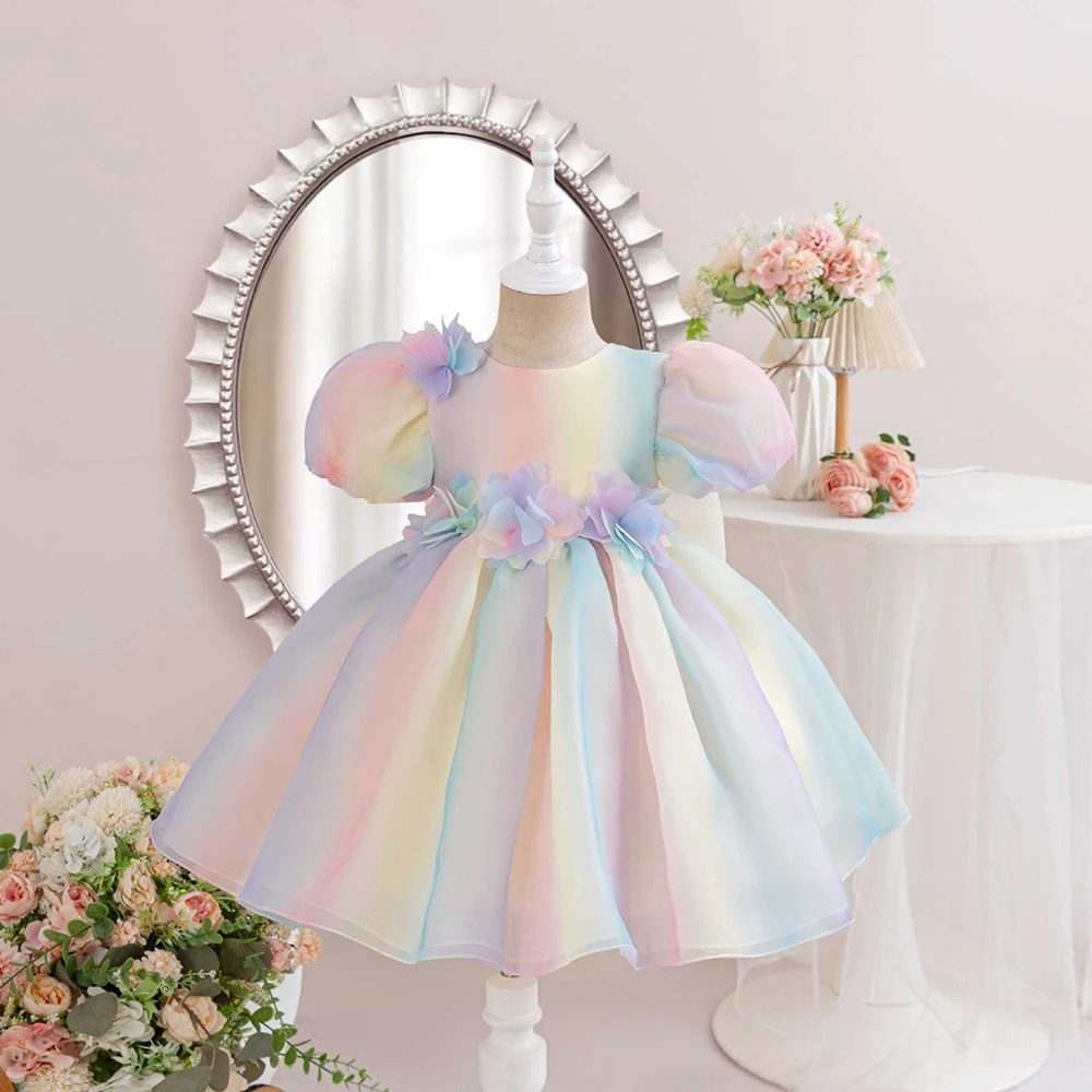 HETISO Gradient Baby Girl Dress Appliques Puff Sleeve Child Tulle Princess Dresses for Vestido Pageant Party Birthday Holiday