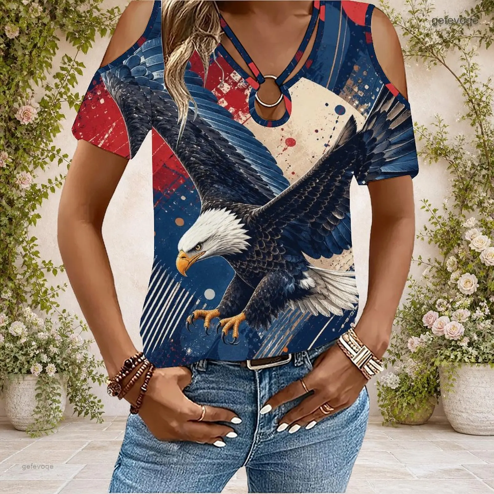 Women Cold Shoulder Short Sleeve T Shirt V Neck O Ring Keyhole Cutout Loose Casual Top Custom Print Ladies Daily Blouse