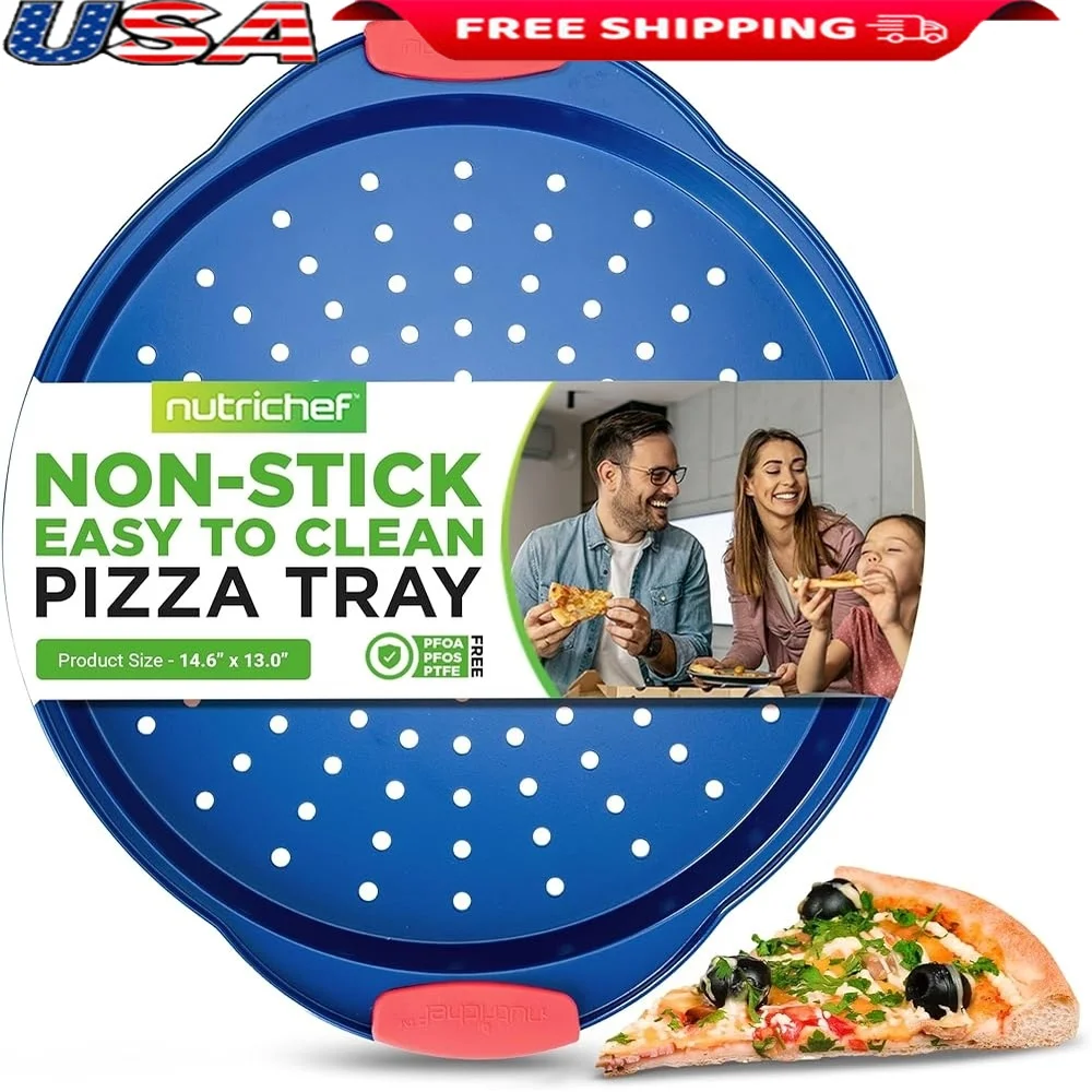 

13 Inch Nonstick Pizza Tray Carbon Steel Perforated Baking Pan Dishwasher Safe Ergonomic Silicone Handles Oven Safe Bakeware