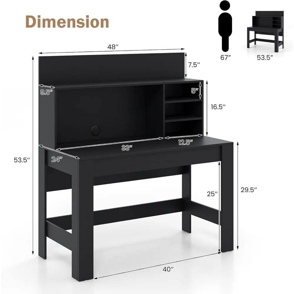 Bureau d'ordinateur avec clapier, bureau de bureau à domicile avec étagère, bureau d'étude d'écriture avec dispositif anti-renversement, trou de câble, moderne