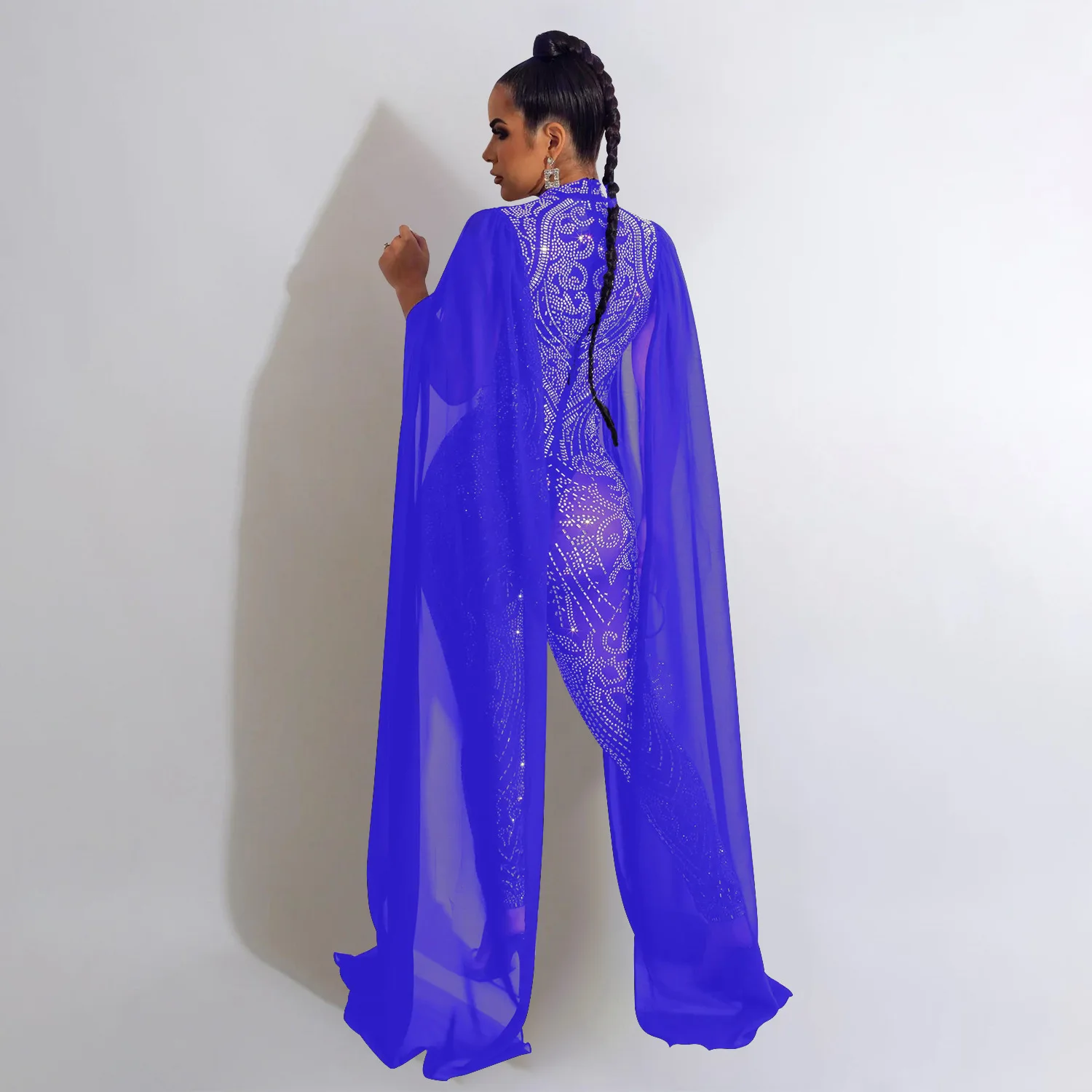 Combinaison à manches châle en maille de cristal pour femmes, paillettes transparentes de luxe, ensemble de fête d'anniversaire, robes de Rh