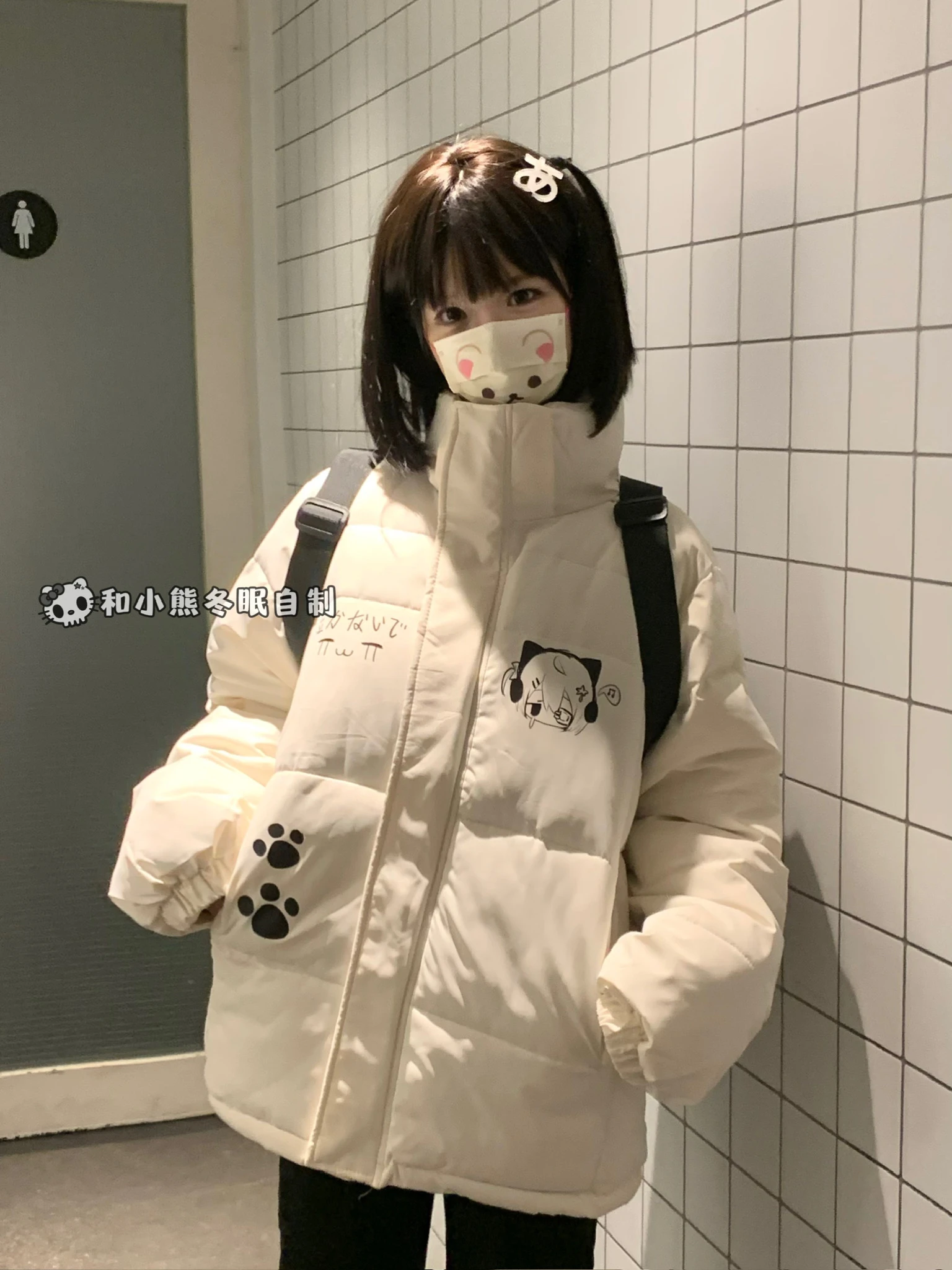 Women's Kawaii Parkas Subculture Cartoon Print Removable Hat Cotton Padded Coats Students Warm Thickened Loose Winter Jacket