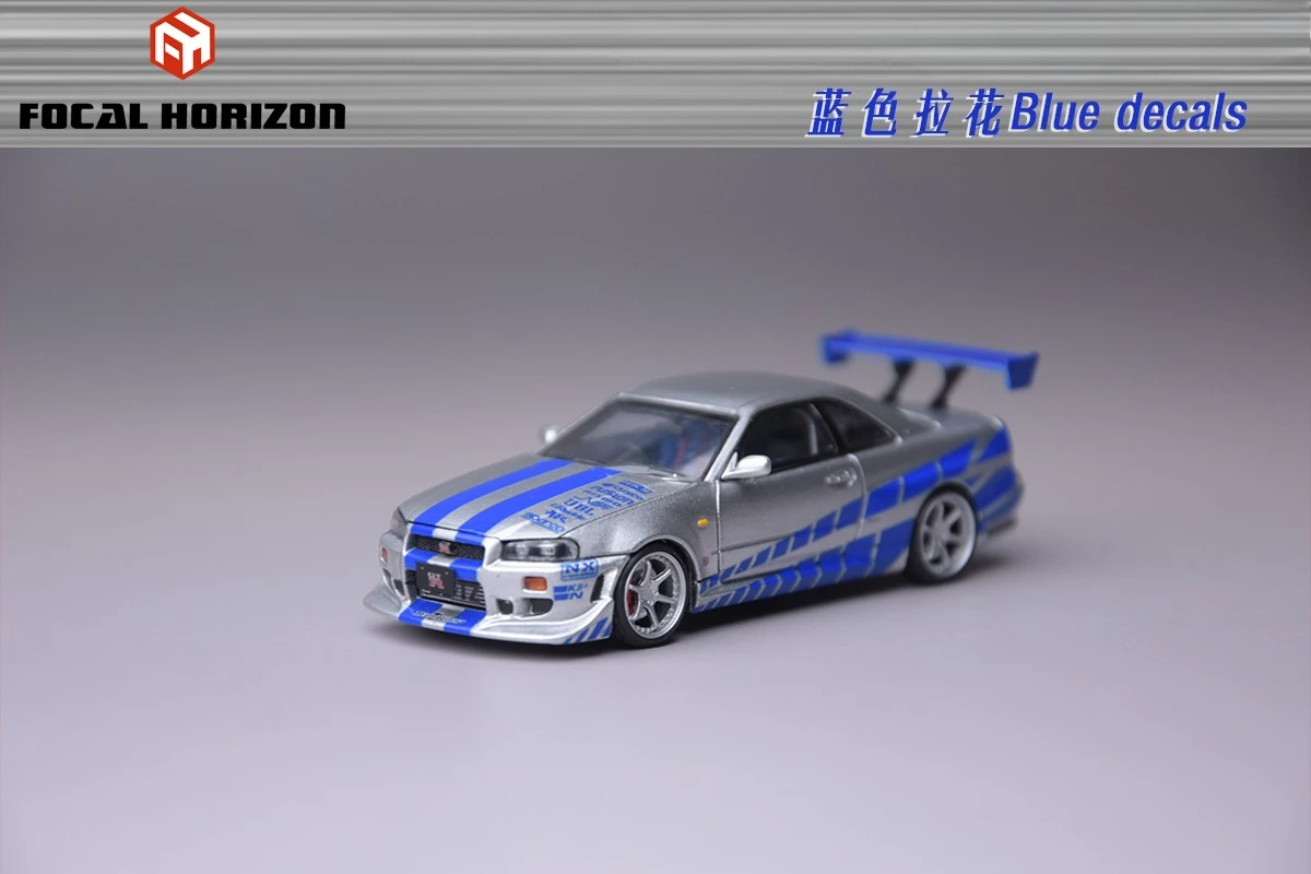 سيارة Focal Horizon FH 1:64 R34 Fast Furious C-West FNF باللون الفضي والأزرق