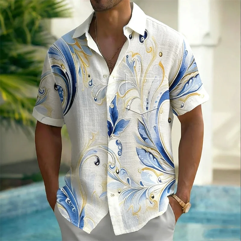 

New 3D Tiki Coconut Tree Printed Men's Short Sleeve Shirt Linen Hawaiian Style Flip Collar Casual Shirt