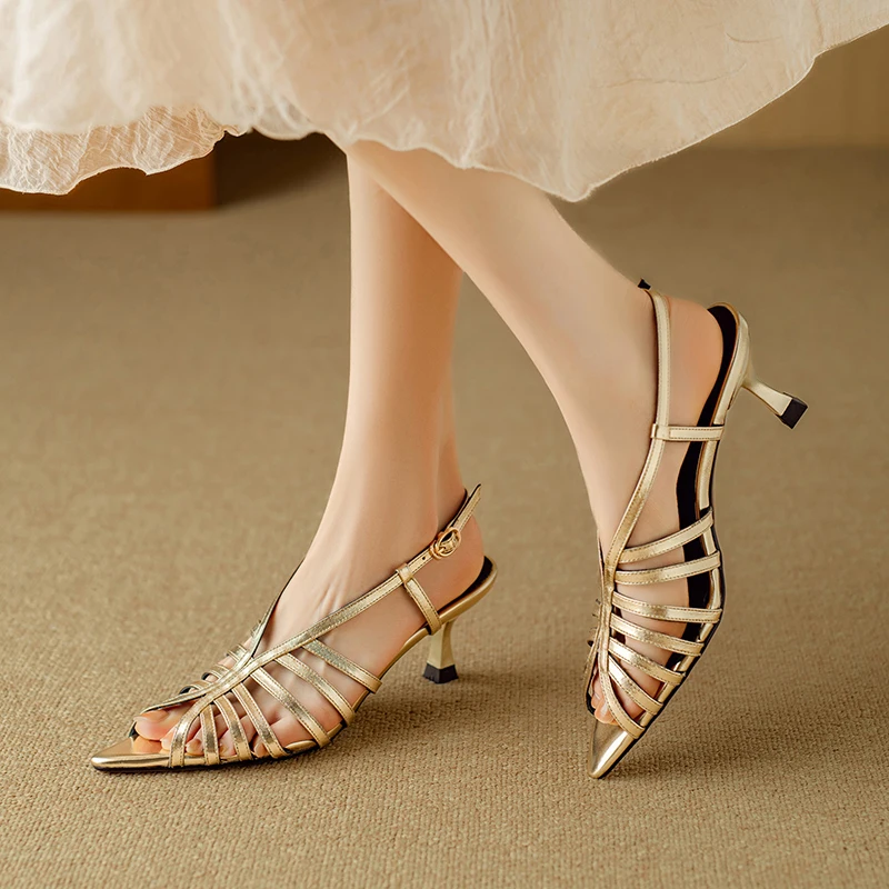 

Fashion Women Summer Sexy Sandals Pointed Toe Thin High Heels Genuine Leather Shock Absorbing Pumps Office Party Dress Shoes