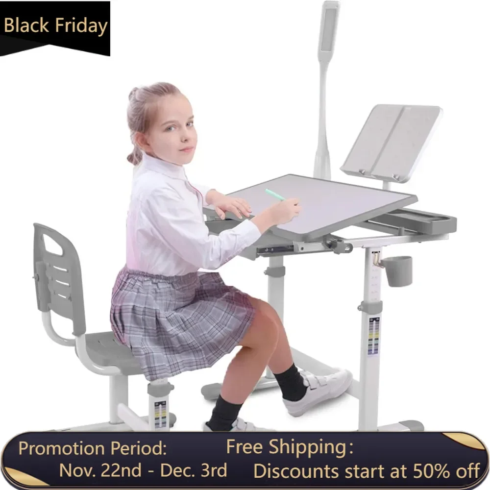 Kids Desk and Chair Set Kids Art Desk Drafting Table Desk Set with Adjustable Height, Tiltable Children Desktop