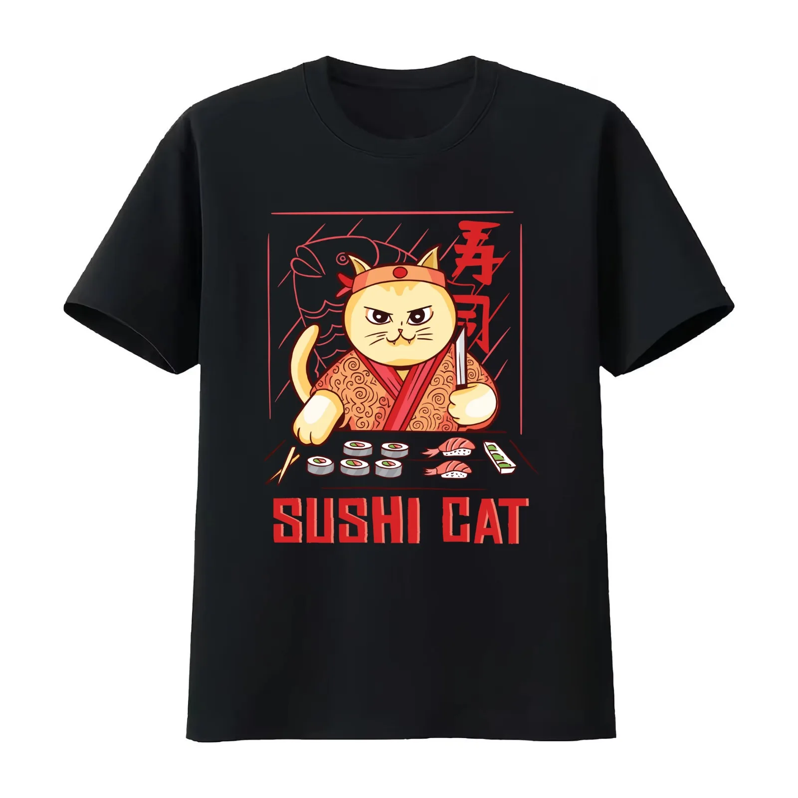 SUSHI CAT T-Shirt Summer Casual Cotton Tee Oversized Streetwear Tops Vintage Graphic Print Loose Fit Short Sleeve