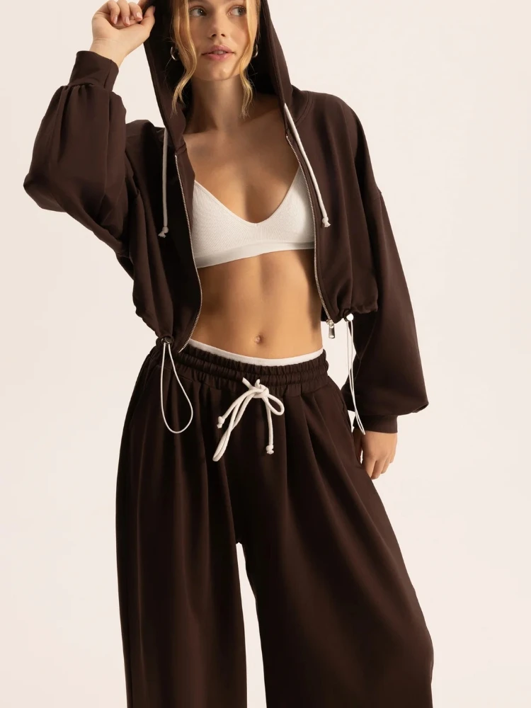 Solid Hooded Zipper women's Tracksuit long sleeve Cropped top Wide leg pants 2025 summer casual trouser suits daily lady sets