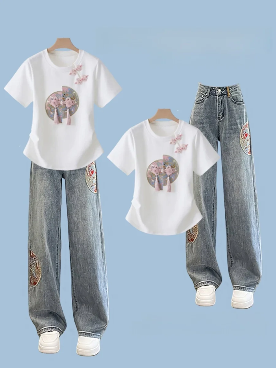 

Новые летние китайские джинсы с вышивкой и широкими штанинами, комплект футболок небольшого размера на пуговицах, круглый комплект из двух предметов Faion