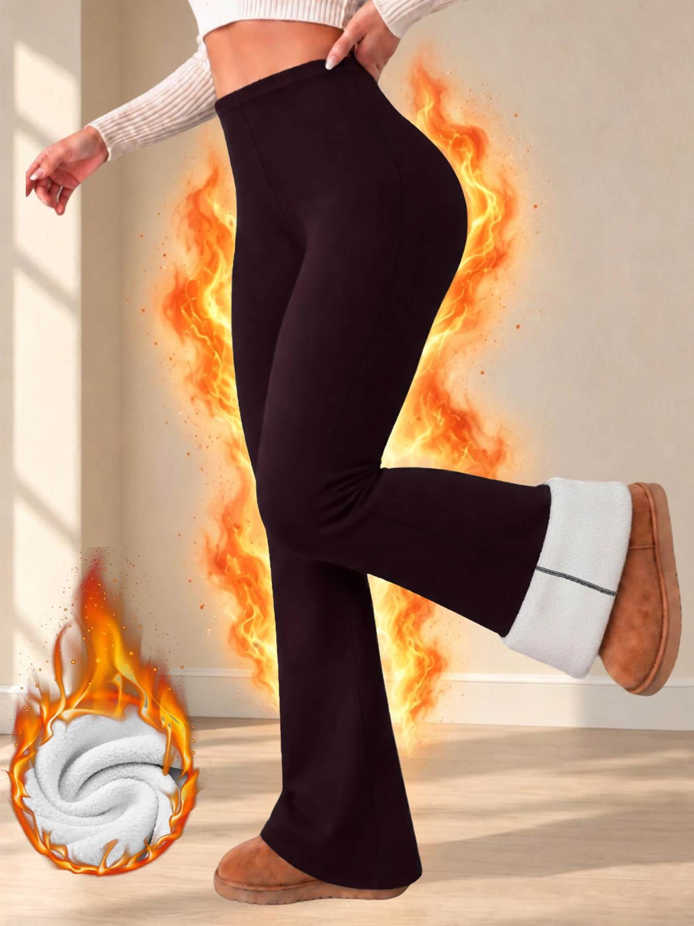 Fleece-gefütterte Leggings mit ausgestelltem Bein für Damen, dicke, weiche, wärmende Thermohosen für den täglichen Gebrauch und zum Entspannen im Winter. – Detail 10