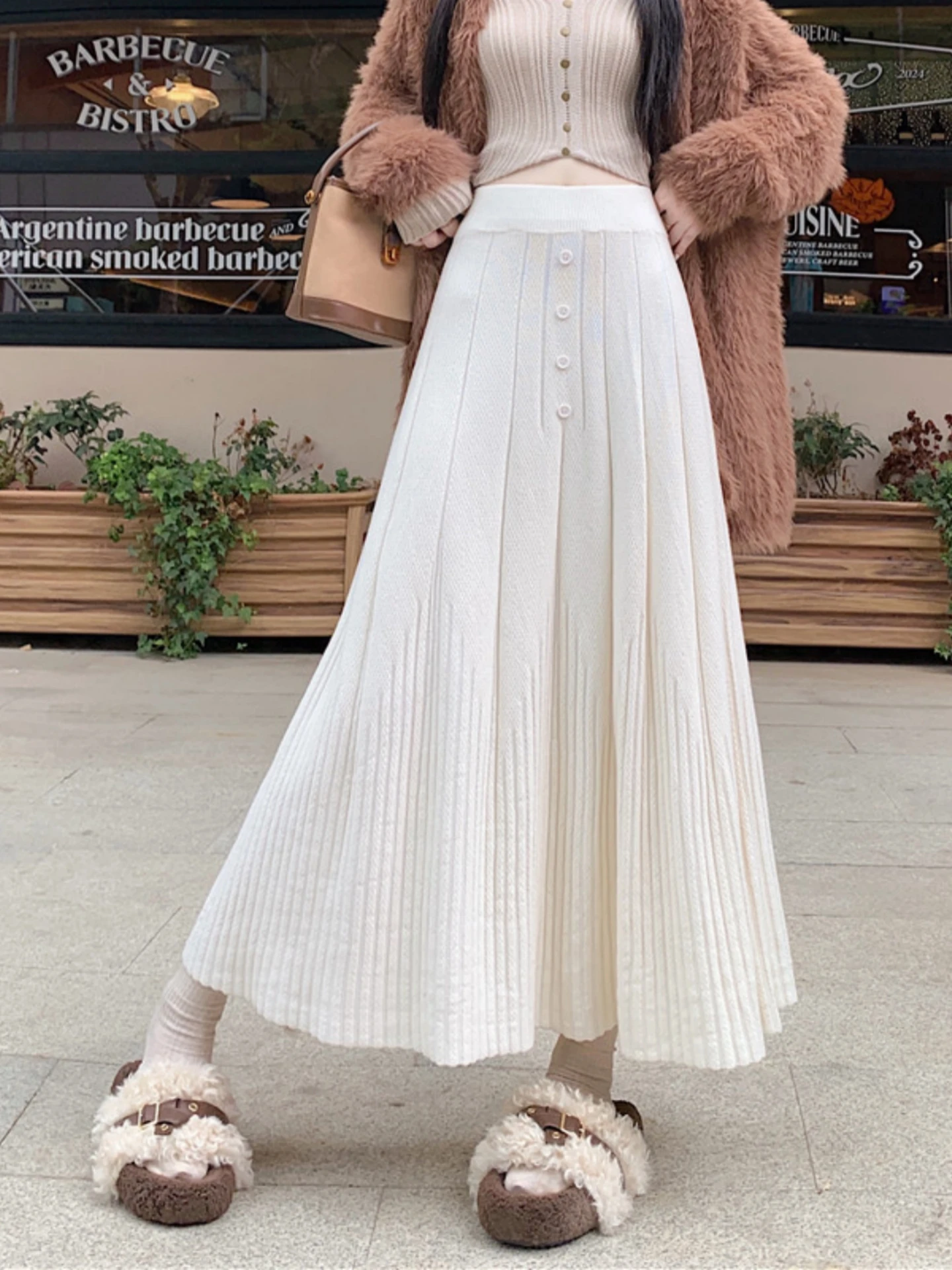 High Waist Knitted Casual A-Line Pleated Long Skirt for plus Size Women Spring Autumn Pear Shaped Body Slimming Midi Skirt