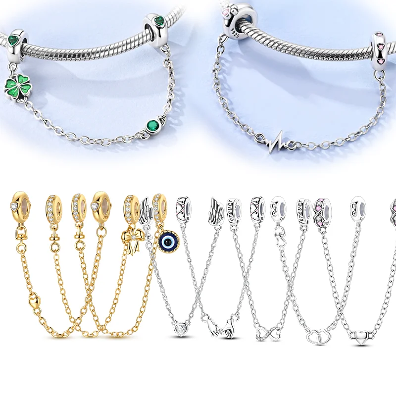 925 Sterling Silver Four Leaf Clover Bow Safety Chains Charms Beads Fit Original Bangle Bracelets DIY Jewelry Gift For Women