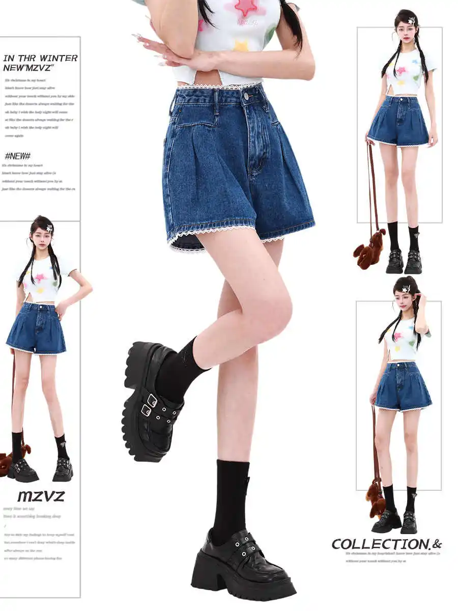 

2026 Summer Women High Waist Jean Shorts Japanese Y2K 2000s Cute Core Shoujo Lace Korean Punk Denim Pants High Street Tide
