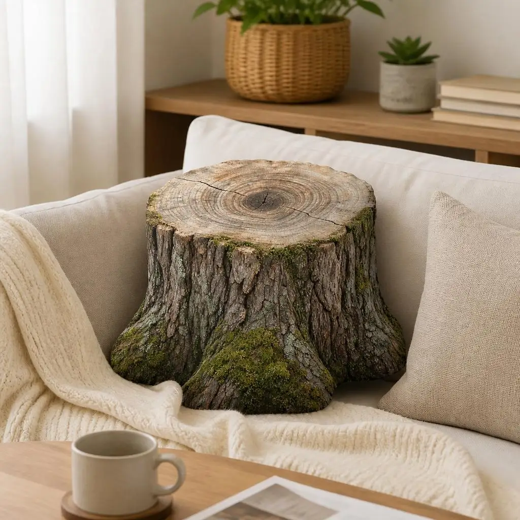 Tree Stump Plush Pillow Mossy Forest Cushion Irregular Shaped Stuffed Throw Pillow Rustic Nature Cabin Decor Sofa Accent Gift