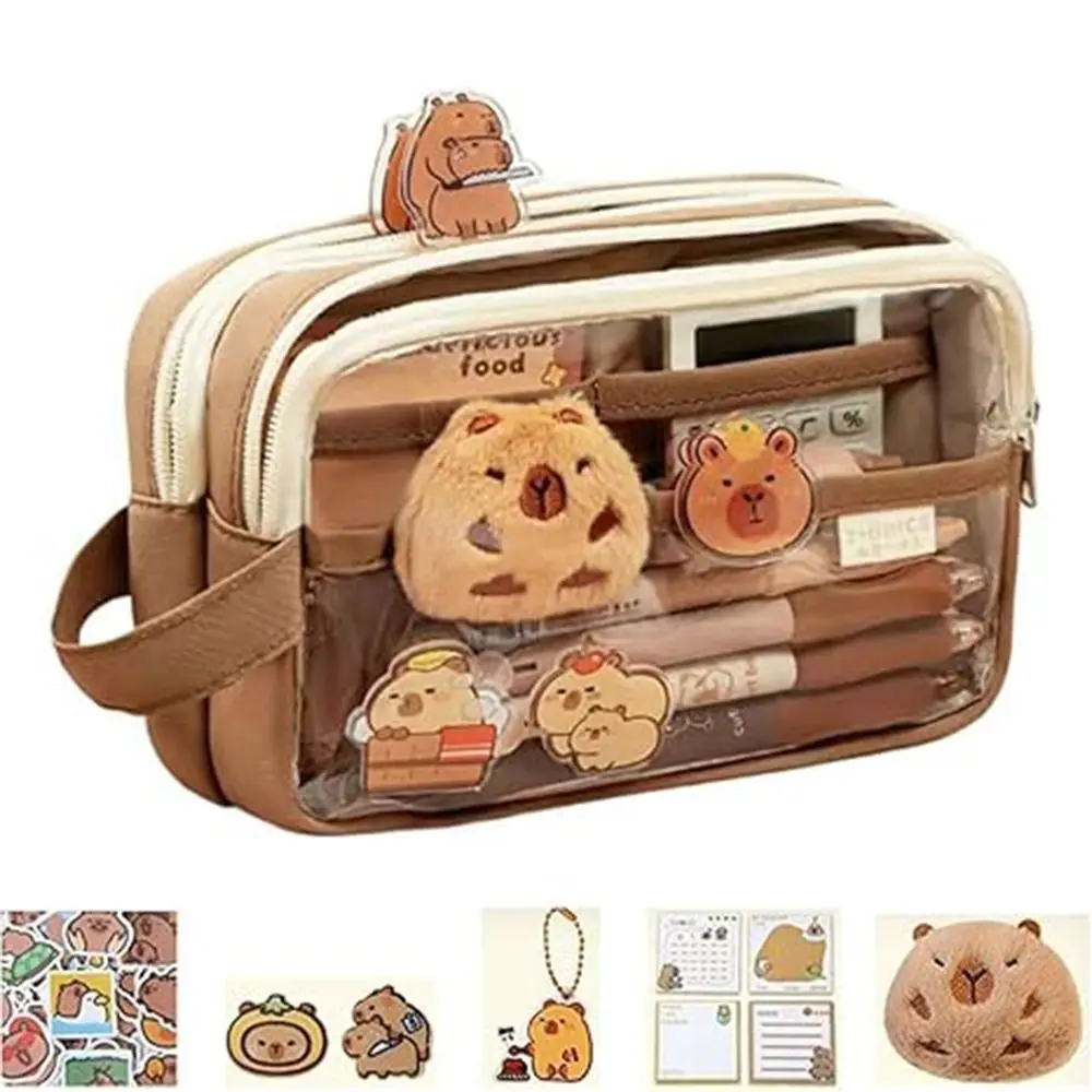 Creative Capybara Pen Case 5 Layers Large Capacity Capybara Pen Holder Transparent with Front Pocket Zipper Pencil Pouch