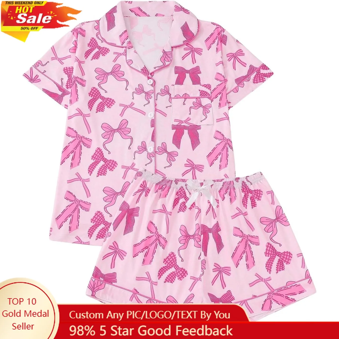 

Women's 2 Piece Pajama Set Bow Graphic Button Down Short Sleeve Lapel Shirt Pj Short Set