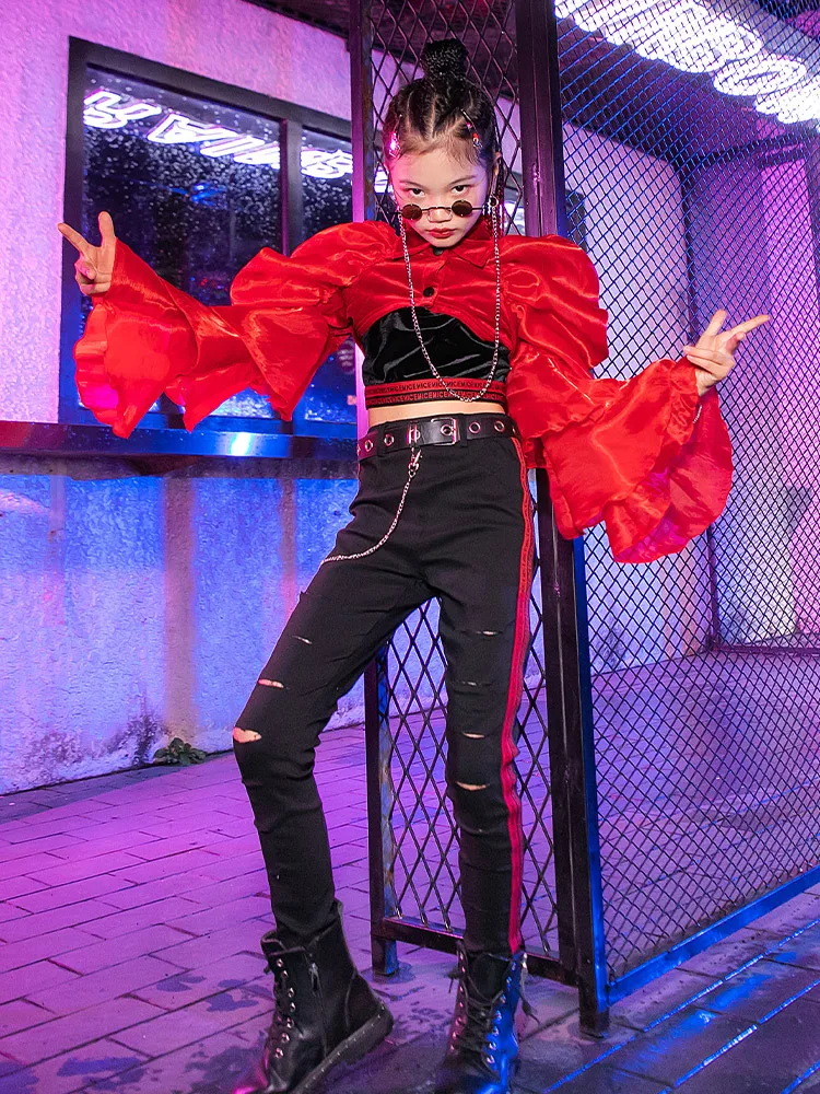 ZZL Urban Dance Girl Costume K-POP Stage Suit Children Jazz Dance Fashionable Clothes 3 Pcs Red and Black Suit Catwalk Wear