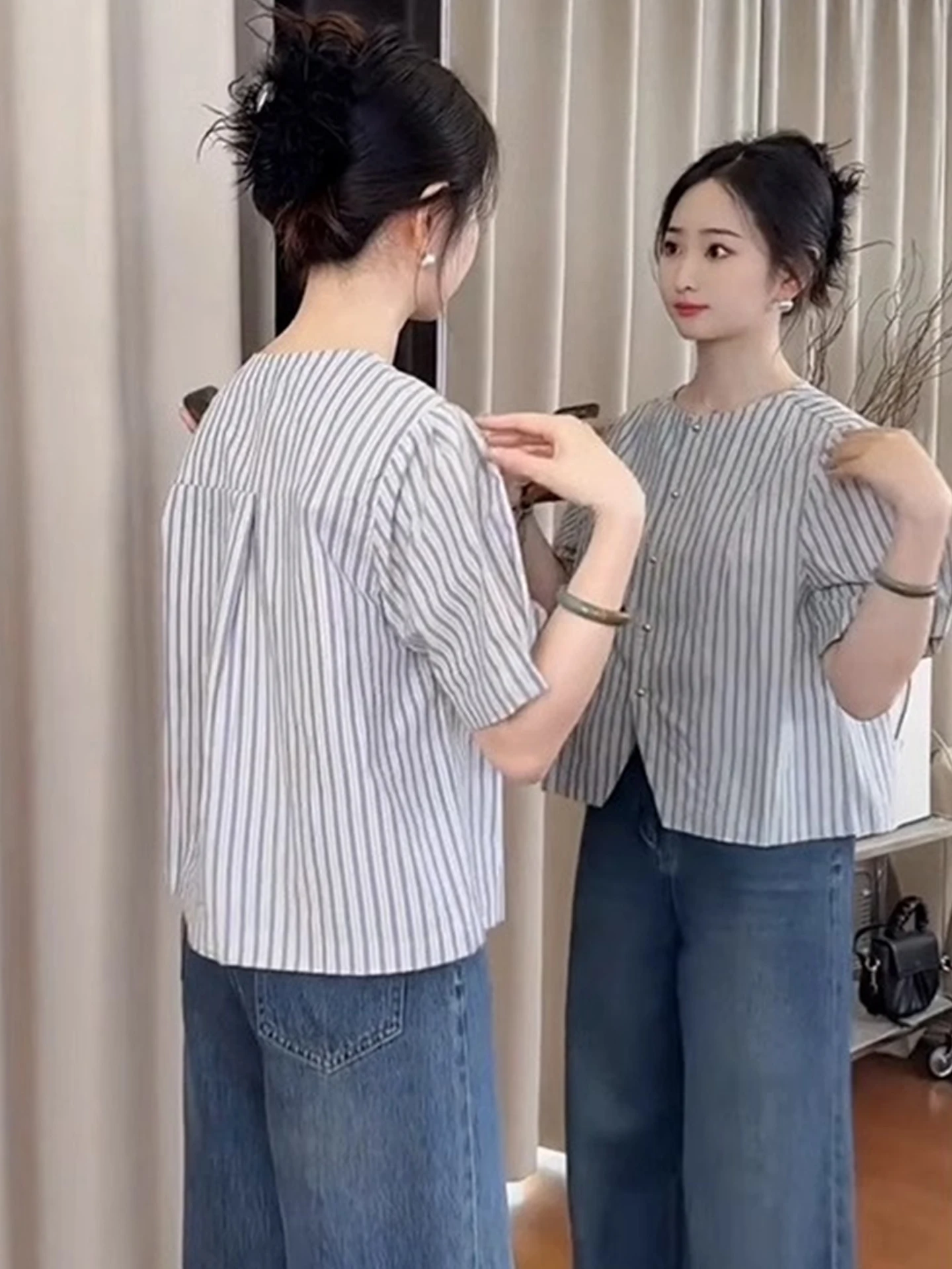 

Striped irt Casual Single Button Color Blo Top Faion ort Sve round Ne Commute Sle Korean Version Silk