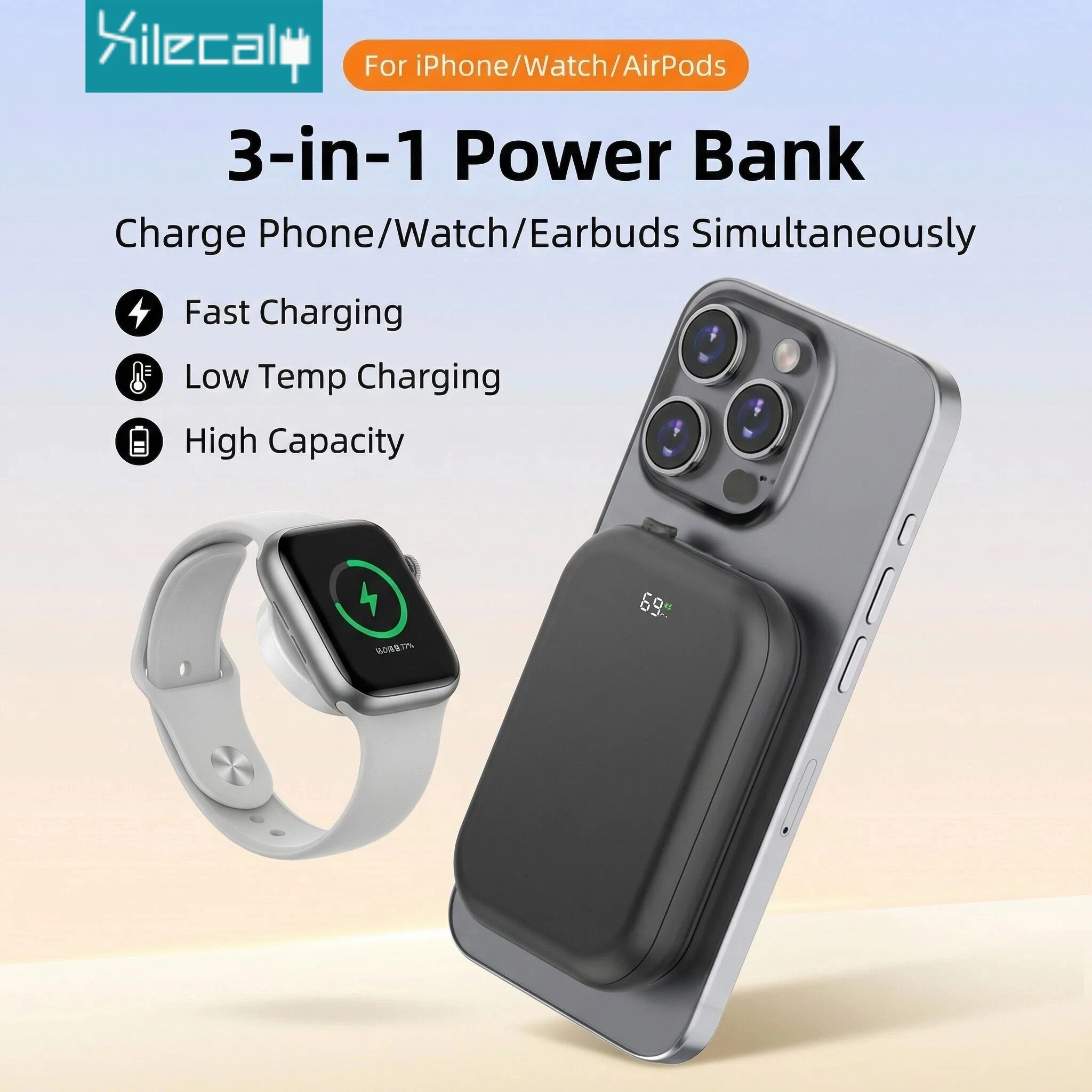 

Тонкий беспроводной внешний аккумулятор Xilecaly, магнитный, 20 Вт, 5000 мАч, портативный внешний аккумулятор с быстрой зарядкой для Magsafe для iPhone 17 16 15